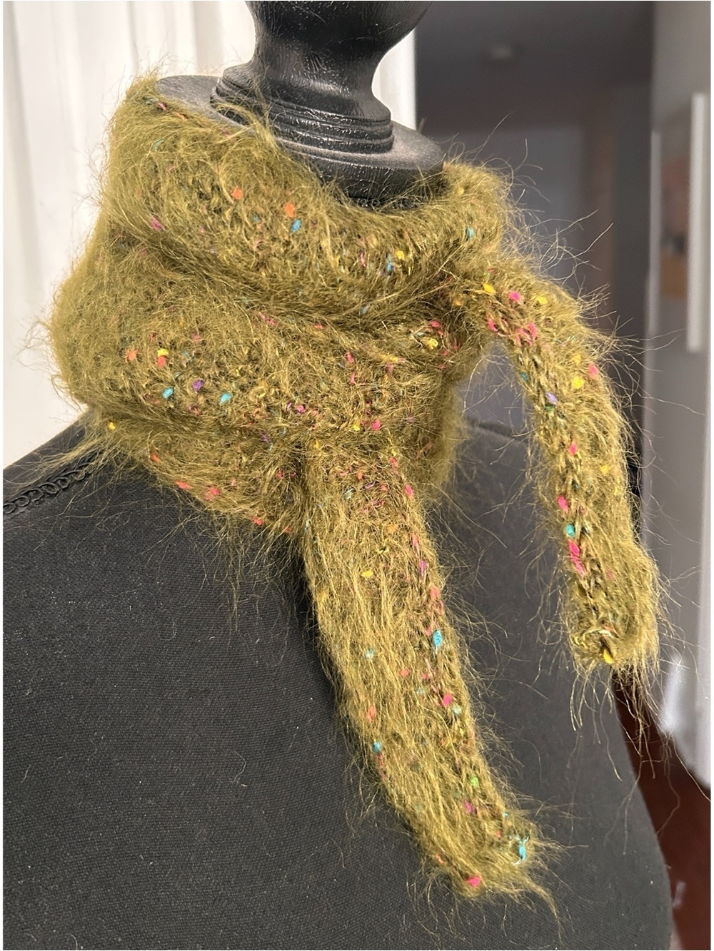 Brand New Handmade Sophie Scarf in Olive Green & Colourful Flecks Sm.
